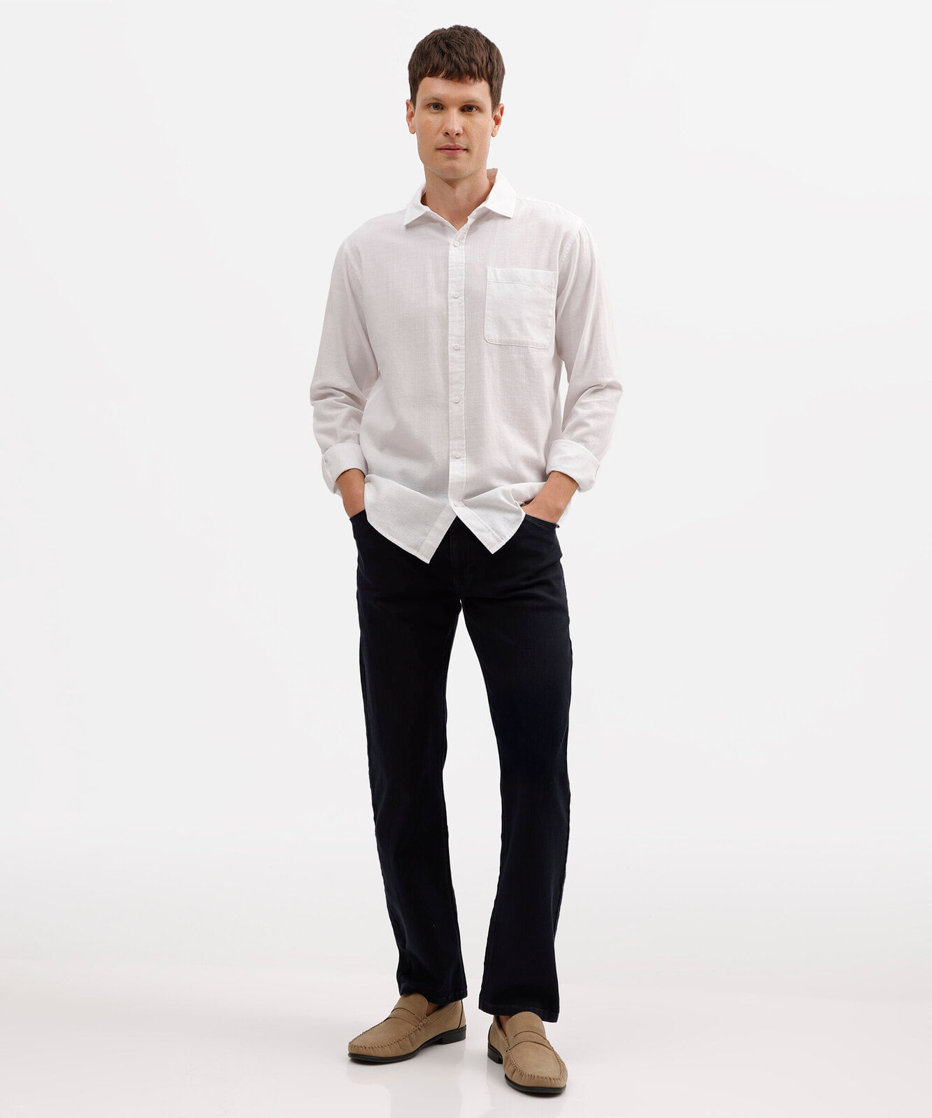 camisa comfort de algodão manga longa com bolso branca