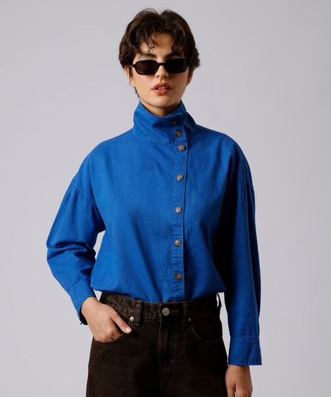 camisa feminina de algodão manga longa funnel neck mindset azul