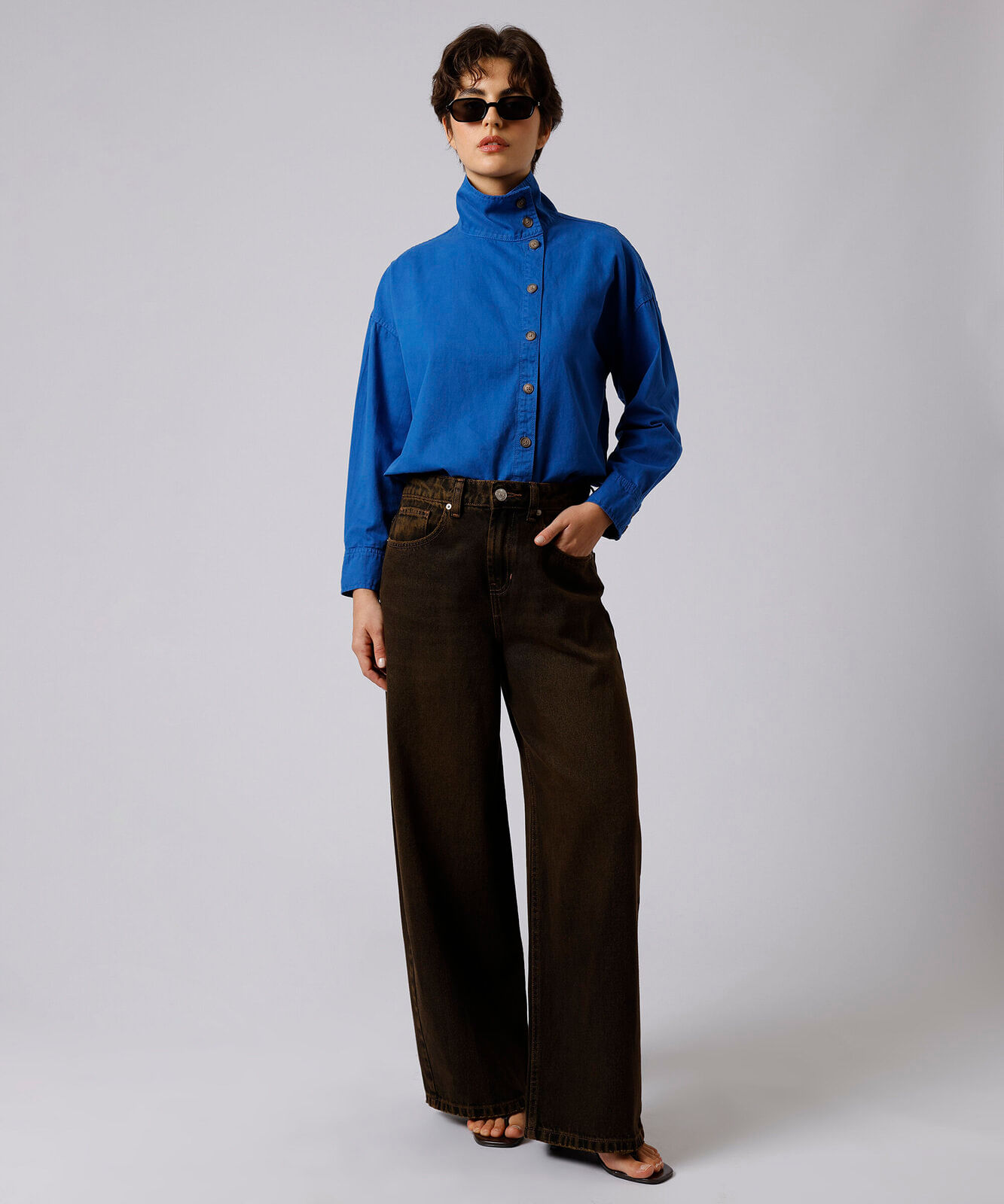 camisa feminina de algodão manga longa funnel neck mindset azul
