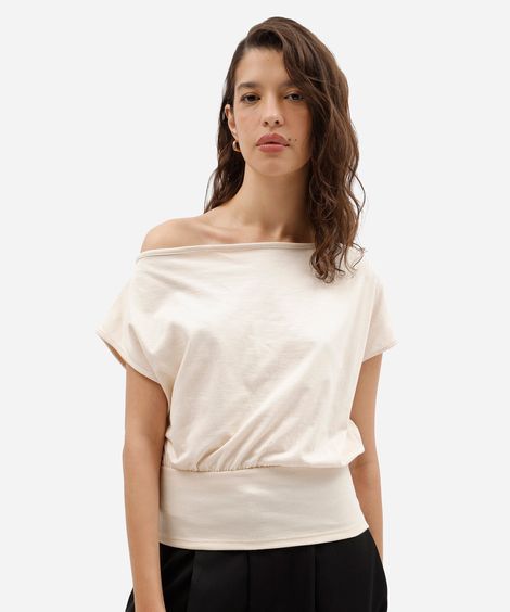 blusa feminina de algodão manga curta assimétrica bege
