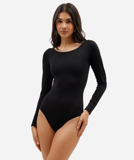 body feminino de modal decote canoa manga longa preto