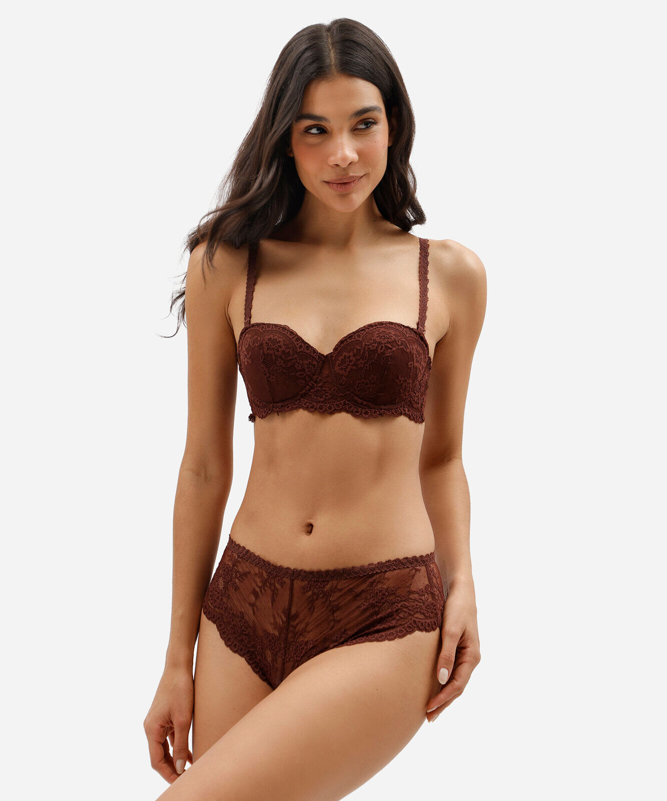 sutiã feminino de renda com alças removíveis marrom