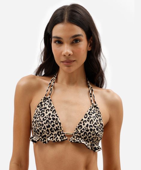 biquíni top cortininha feminino com babado animal print bege