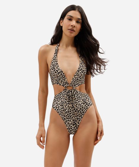 maiô feminino decote v com recorte animal print bege