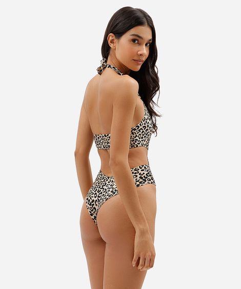 maiô feminino decote v com recorte animal print bege