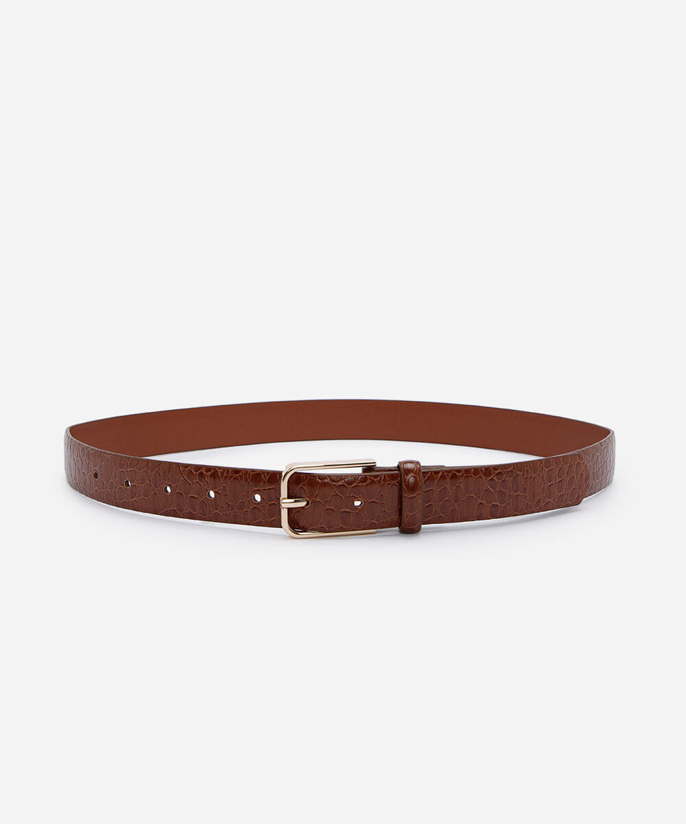 cinto croco com fivela retangular marrom