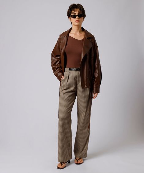 calça de alfaiataria feminina com pregas e cinto xadrez mindset colorida