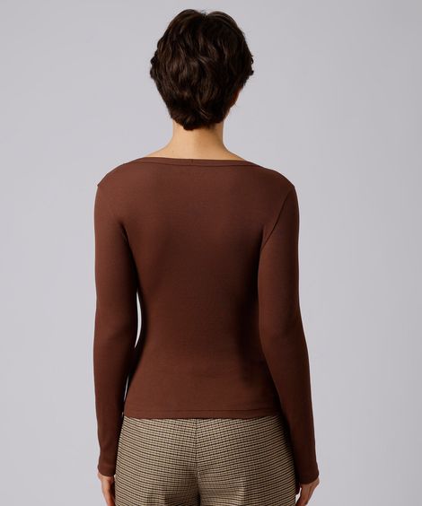 blusa slim fit feminina de algodão decote v deslocado manga longa mindset marrom