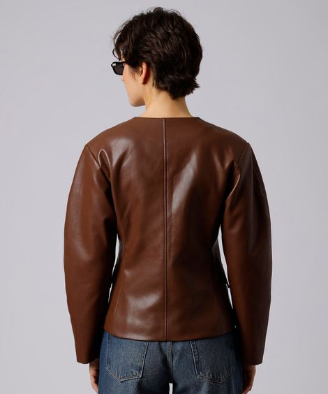 blazer acinturado feminino de pu manga bufante mindset marrom