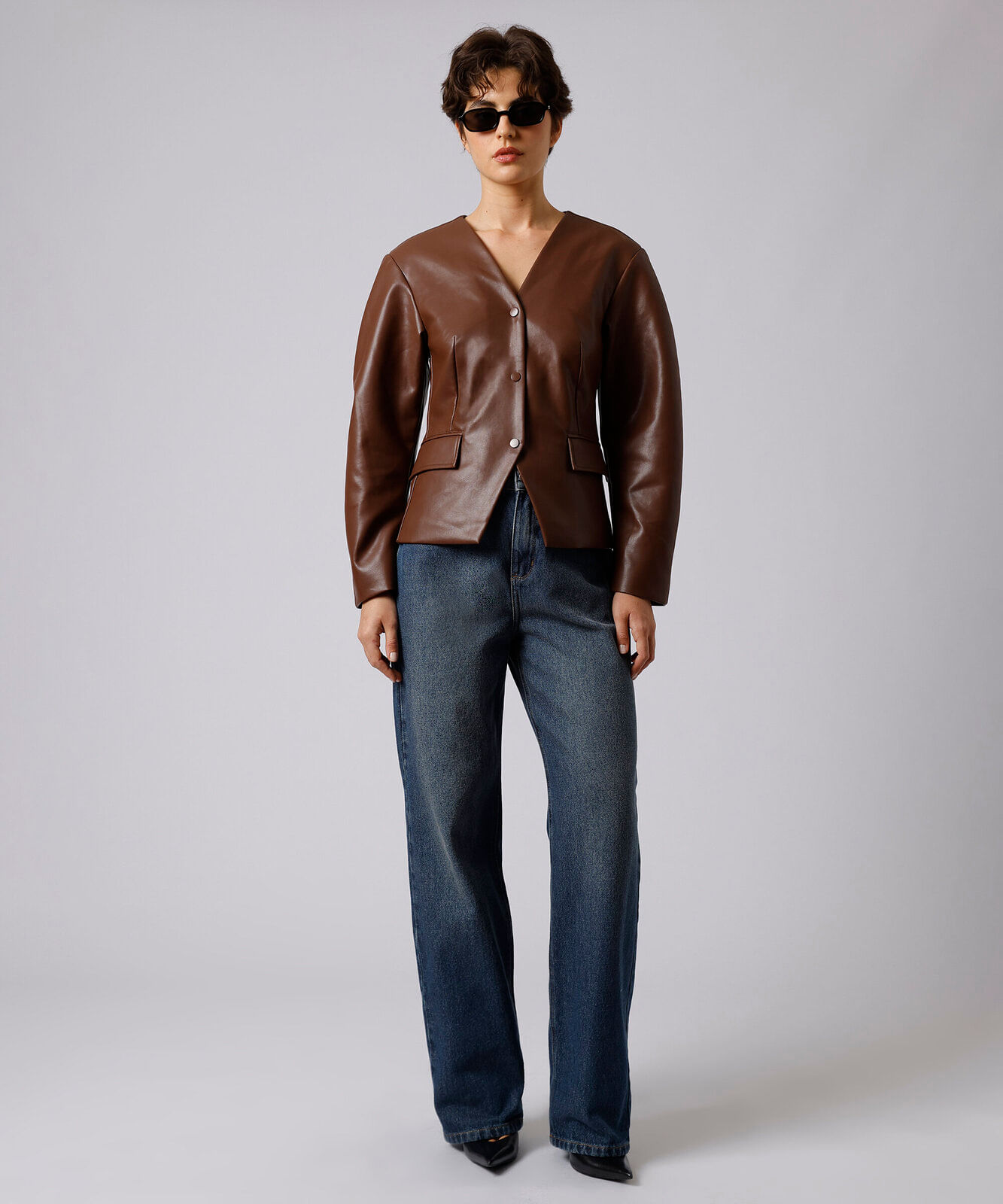 blazer acinturado feminino de pu manga bufante mindset marrom