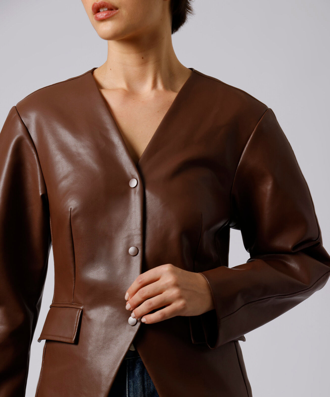 blazer acinturado feminino de pu manga bufante mindset marrom