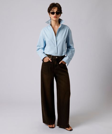 calça jeans wide leg cintura alta mindset marrom
