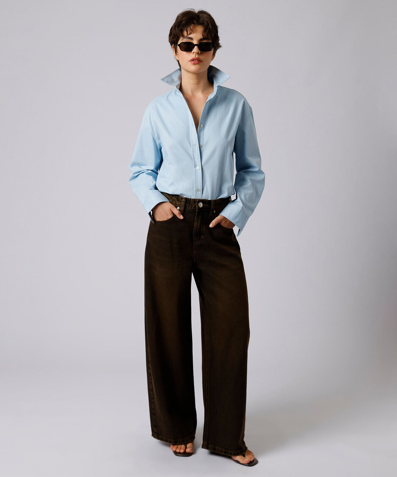 calça jeans wide leg cintura alta mindset marrom