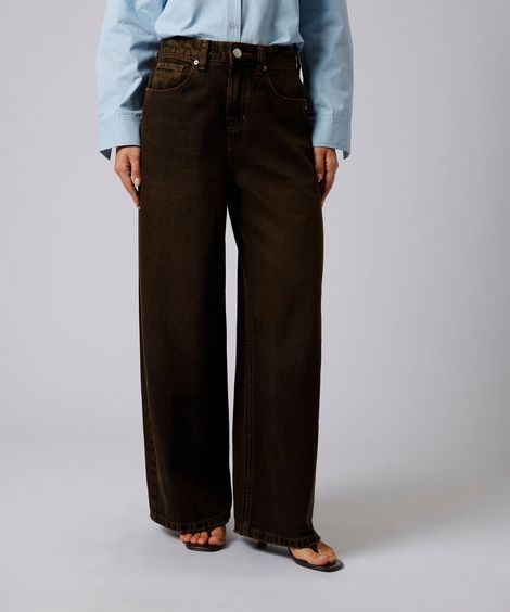calça jeans wide leg cintura alta mindset marrom