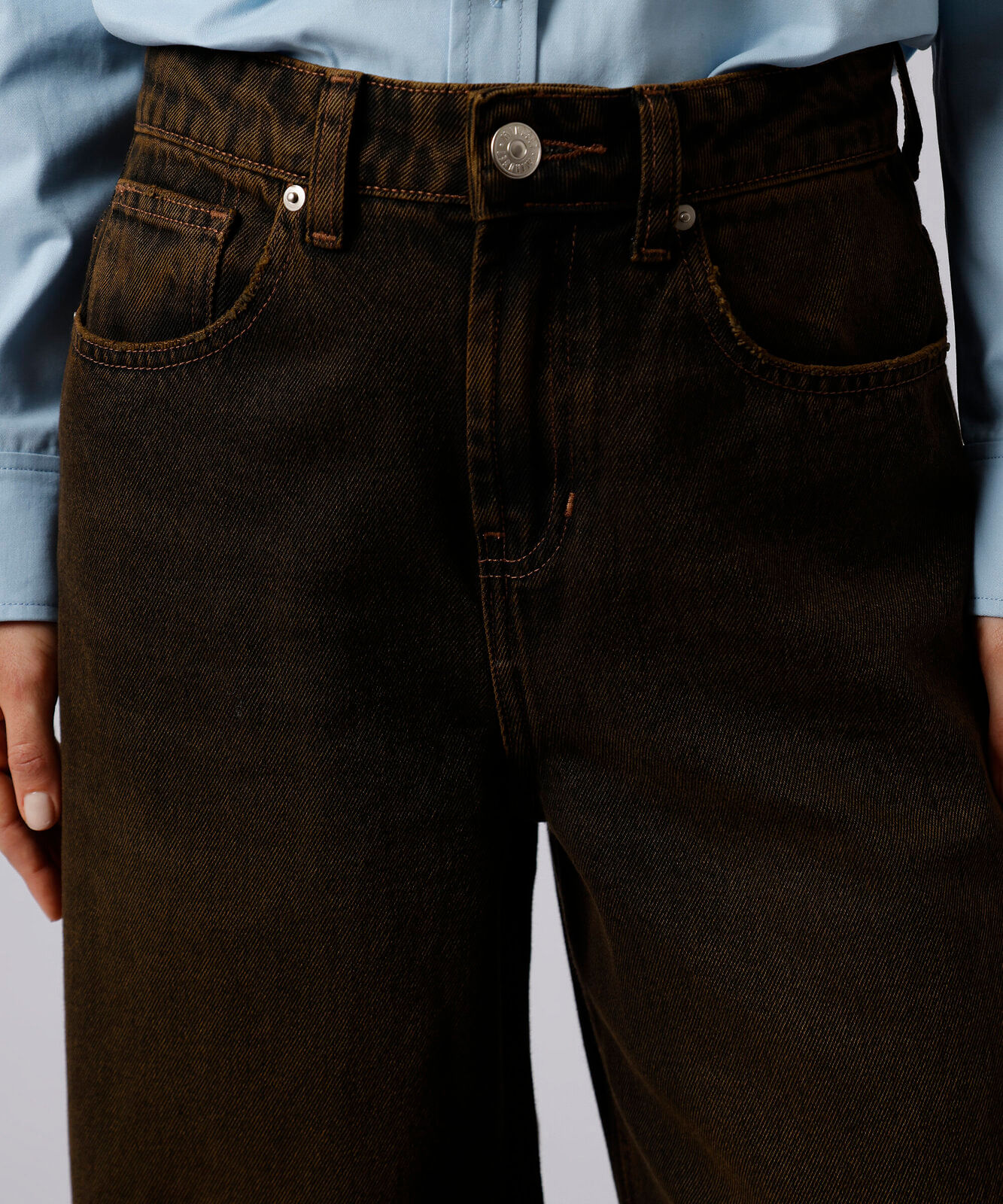 calça jeans wide leg cintura alta mindset marrom