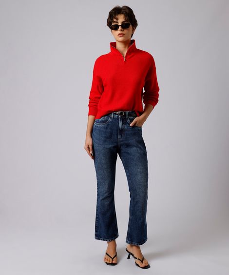 calça jeans flare cropped cintura alta mindset com lavagem marmorizada azul