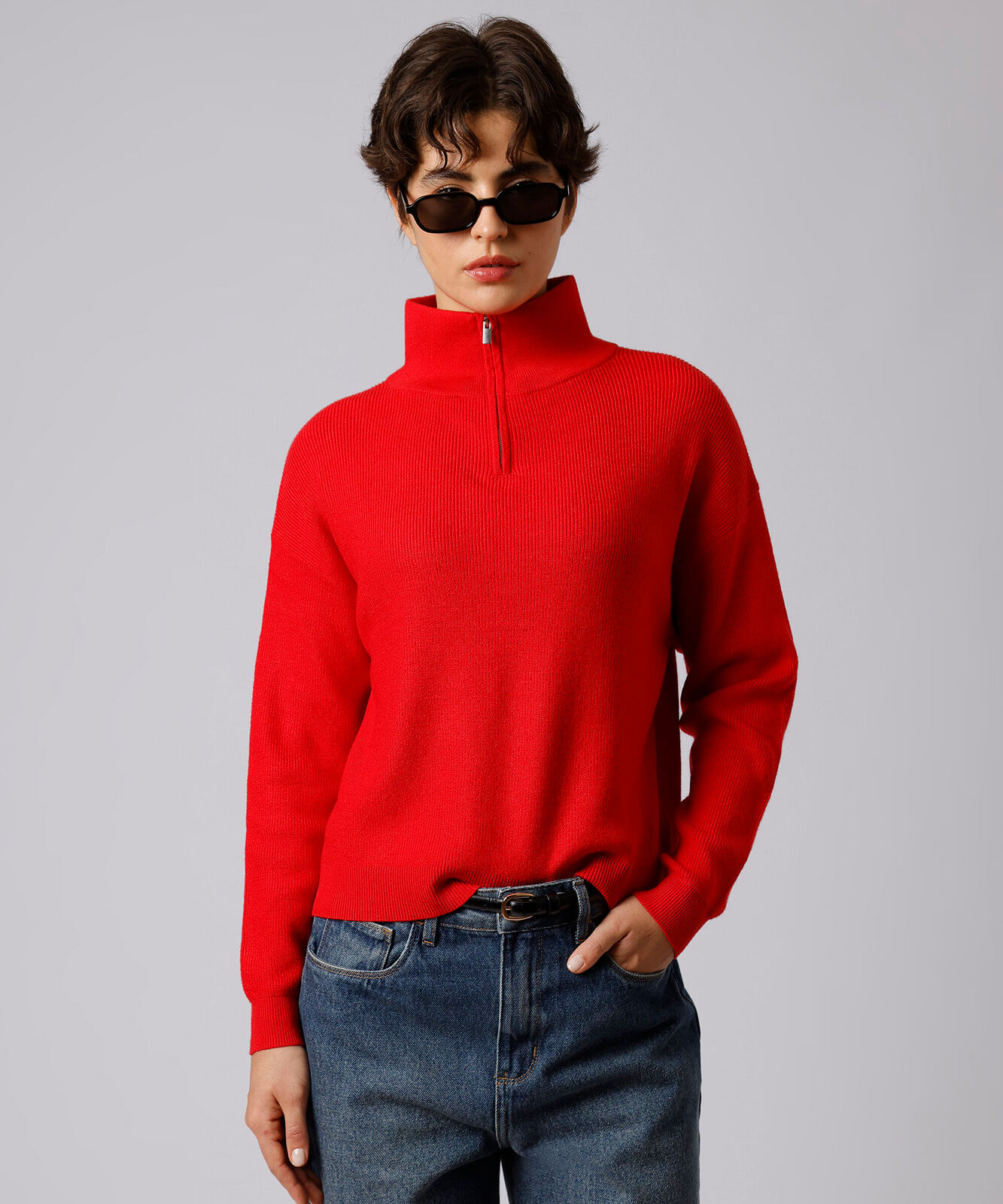 suéter de tricô gola alta com zíper mindset vermelho
