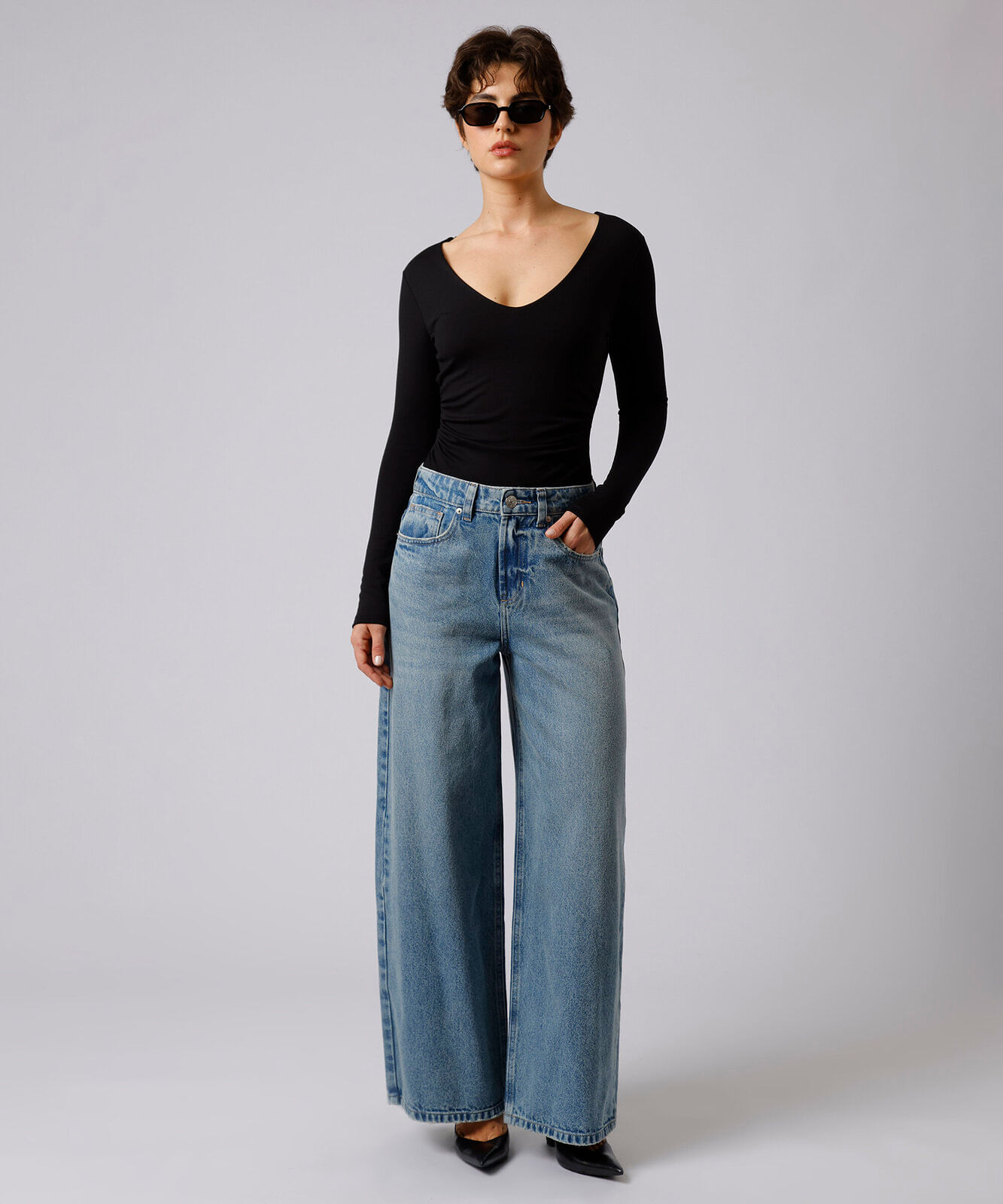 calça jeans feminina wide leg mindset em algodão azul