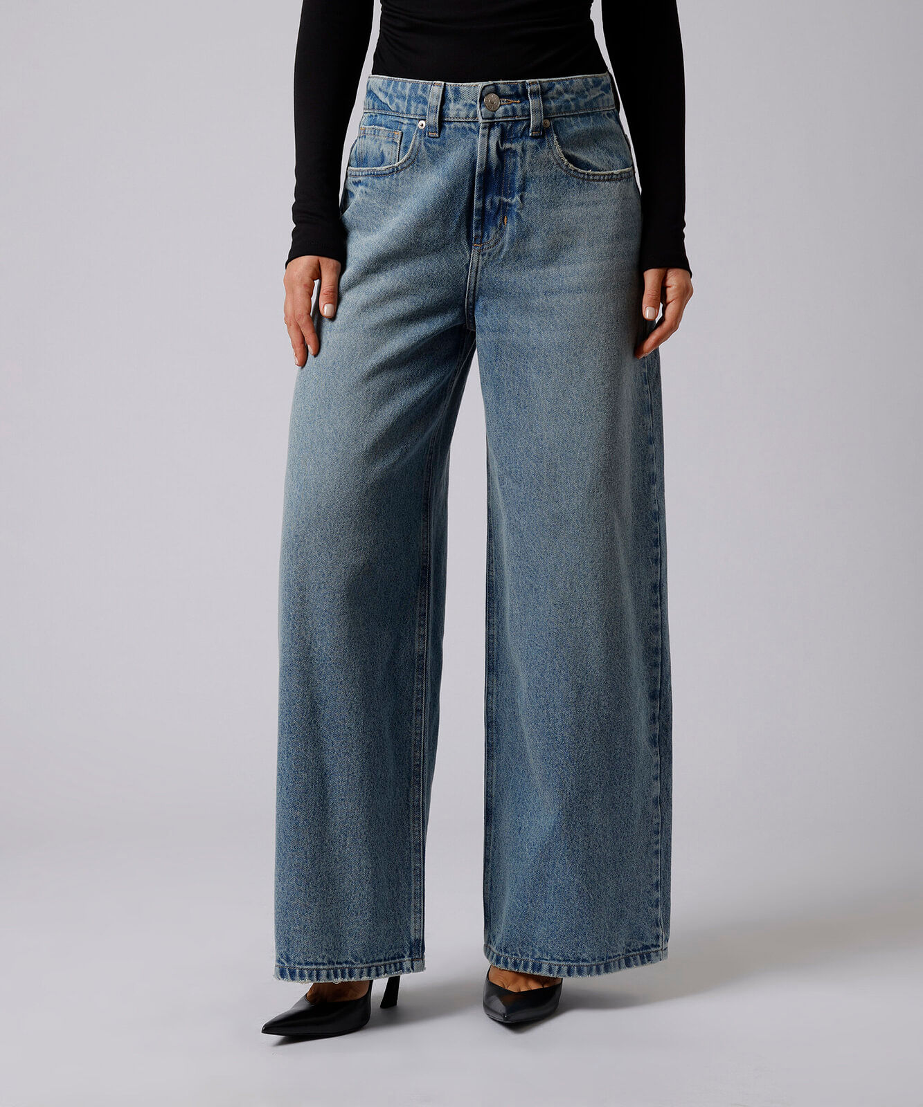 calça jeans feminina wide leg mindset em algodão azul
