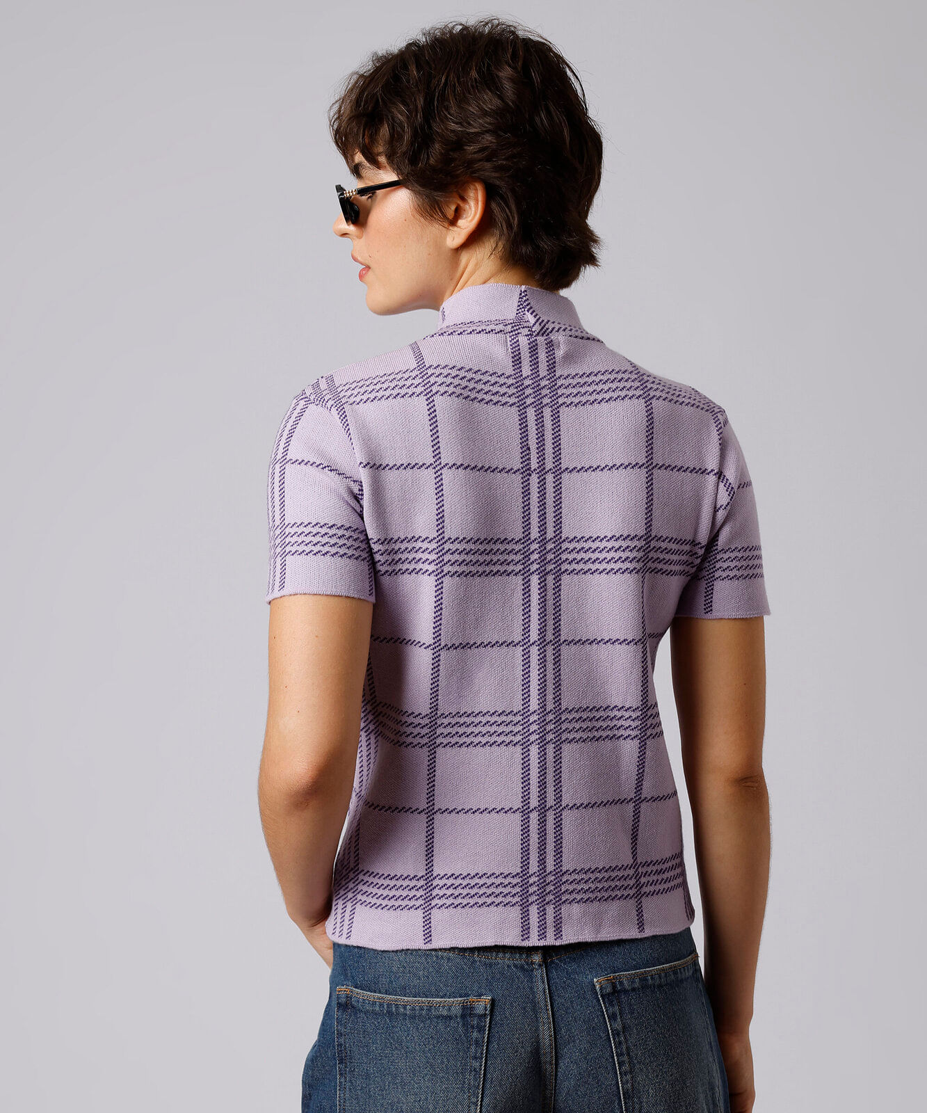 blusa feminina de tricot gola alta xadrez mindset roxa