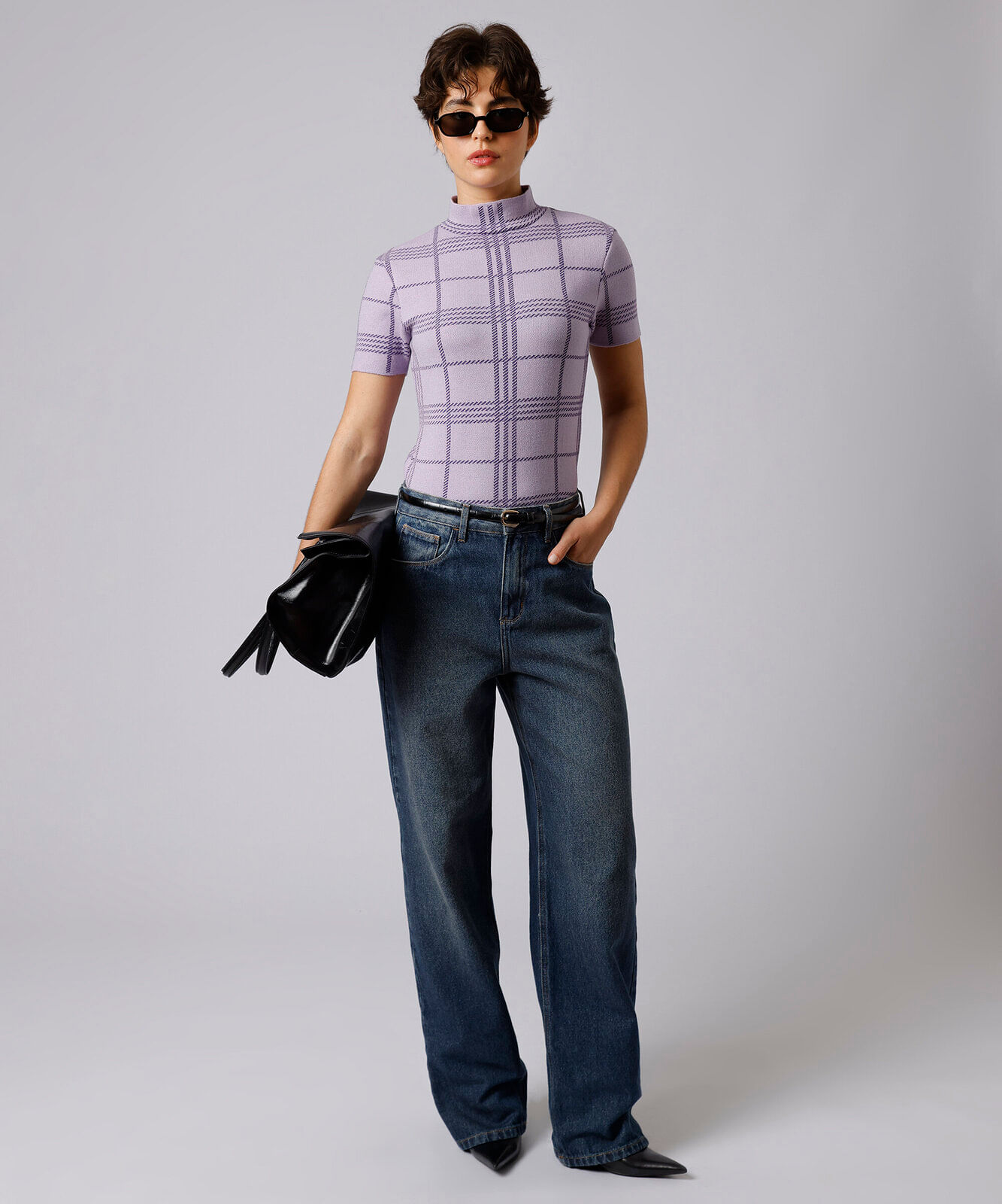 blusa feminina de tricot gola alta xadrez mindset roxa