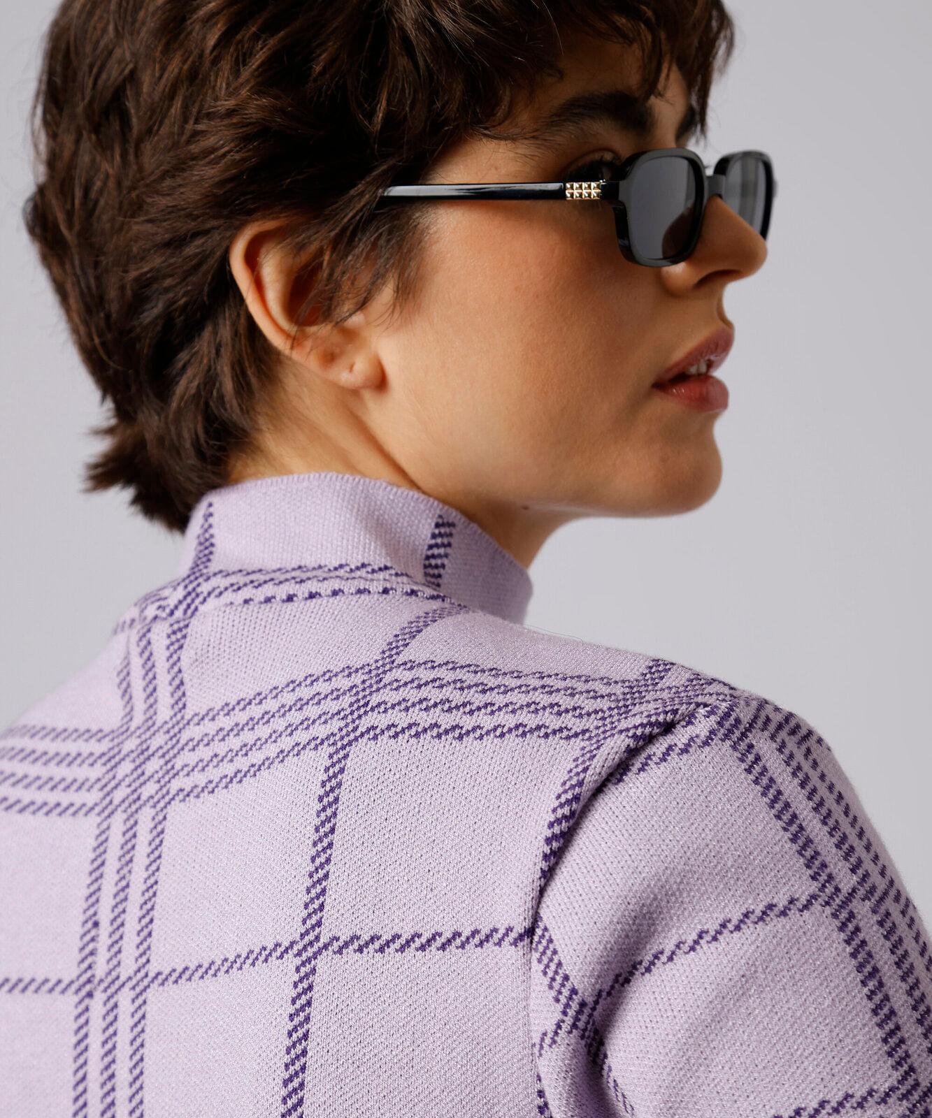 blusa feminina de tricot gola alta xadrez mindset roxa