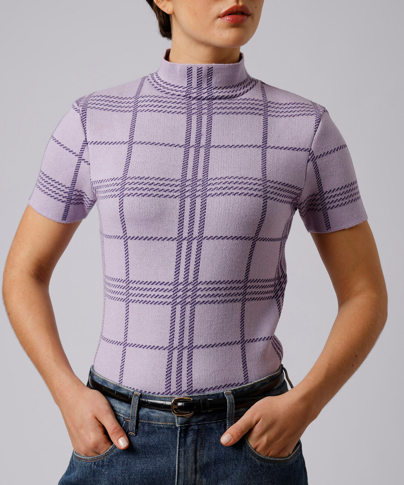 blusa feminina de tricot gola alta xadrez mindset roxa