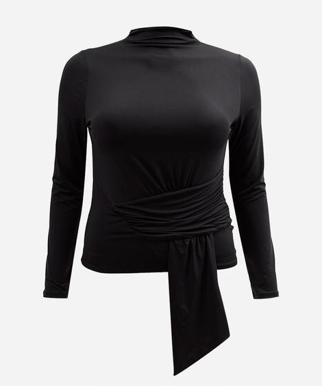 blusa feminina manga longa franzida mindset plus size preta