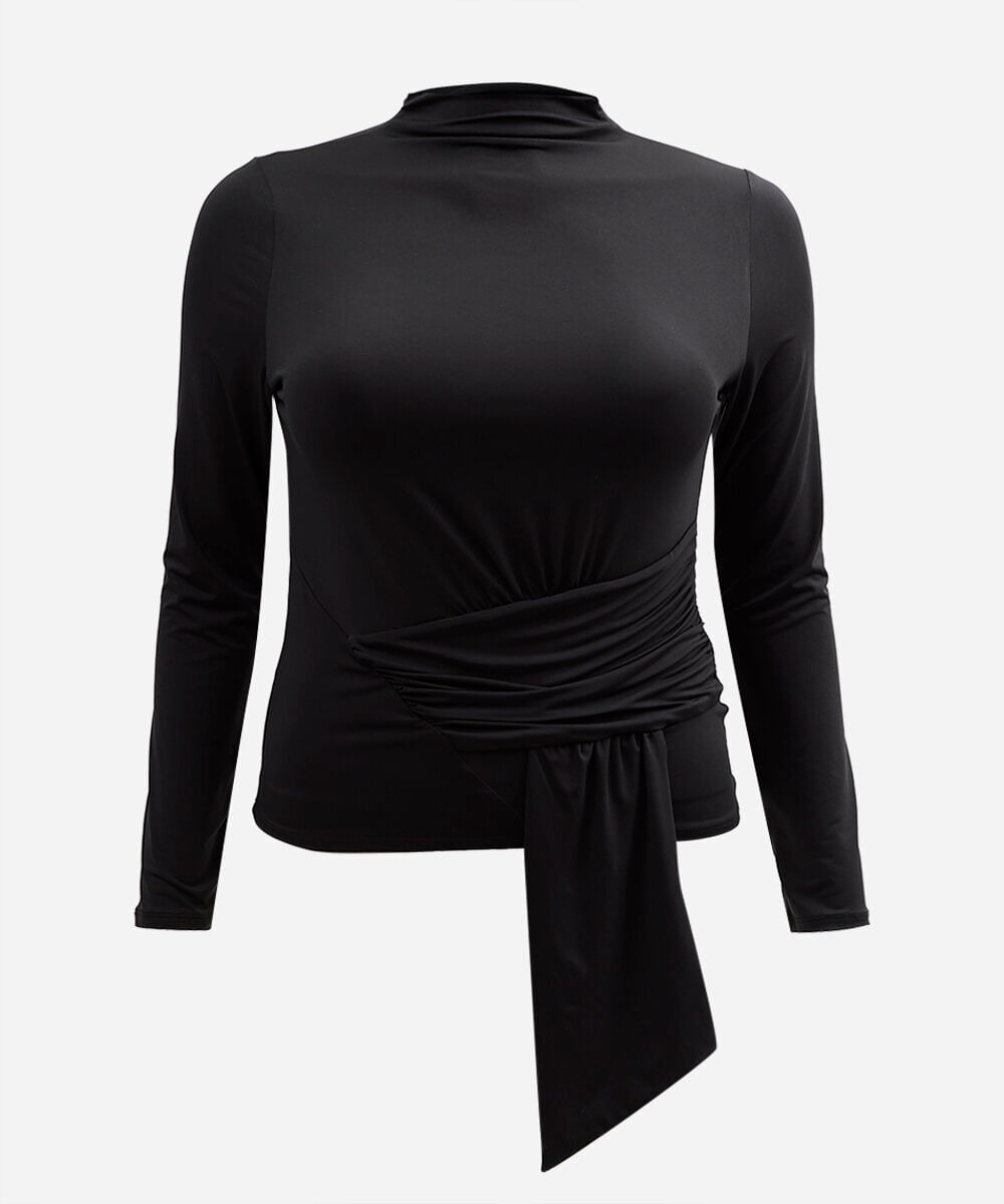blusa feminina manga longa franzida mindset plus size preta