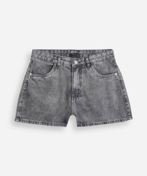 short juvenil jeans com cintura alta e estampa de estrelas cinza