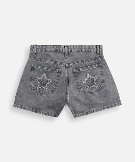 short juvenil jeans com cintura alta e estampa de estrelas cinza