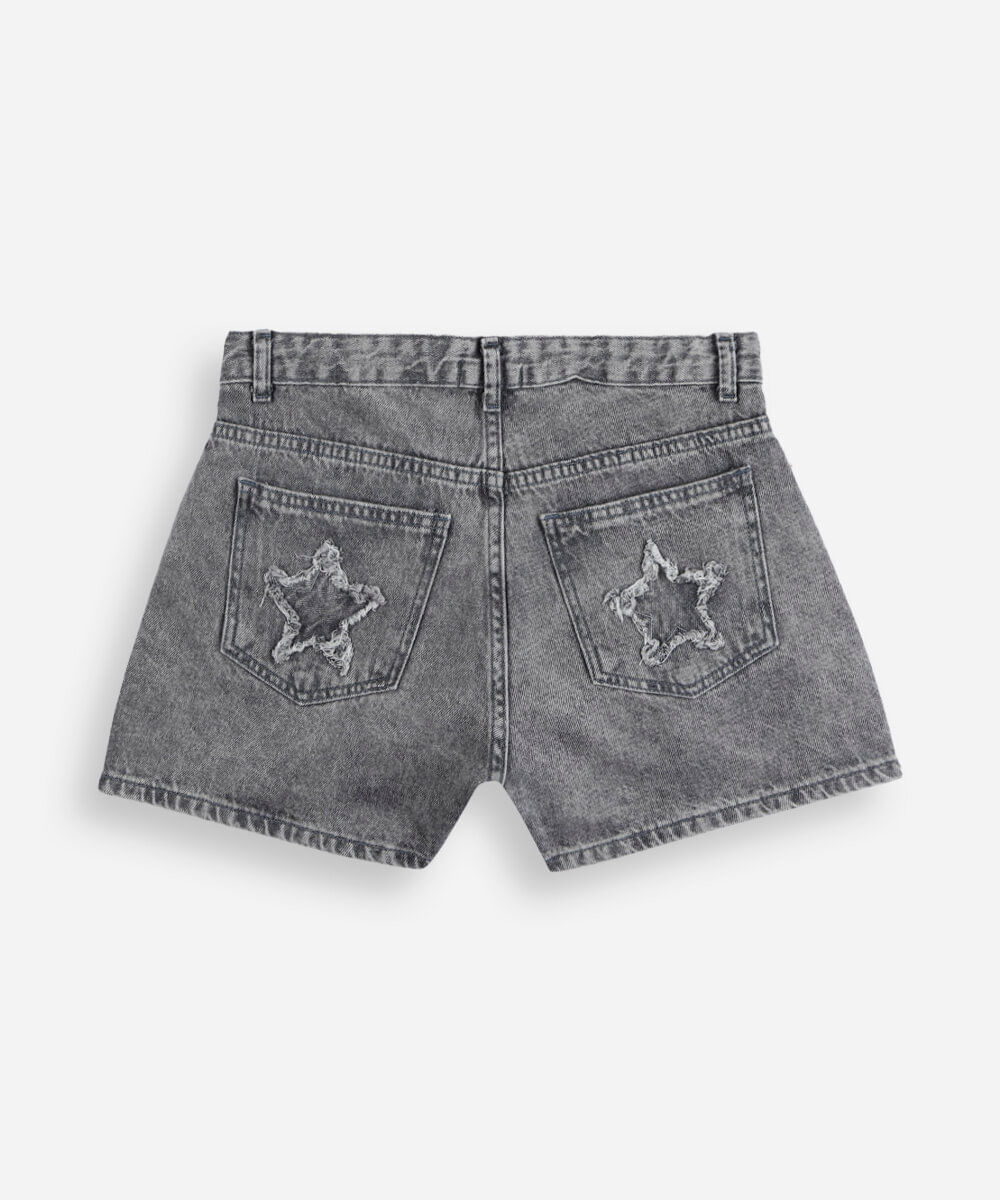 short juvenil jeans com cintura alta e estampa de estrelas cinza