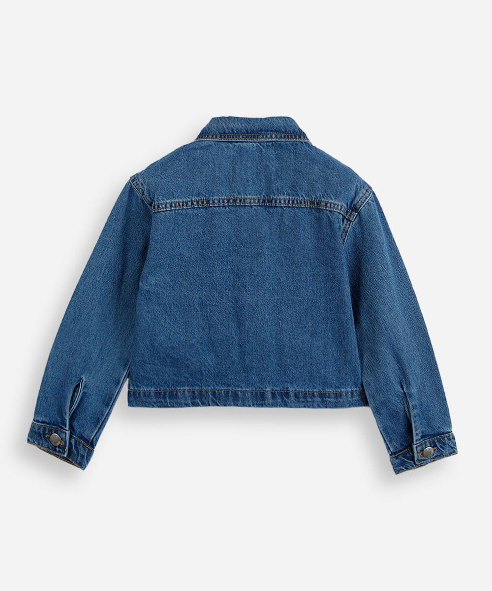 jaqueta infantil jeans com bolsos e tachas azul