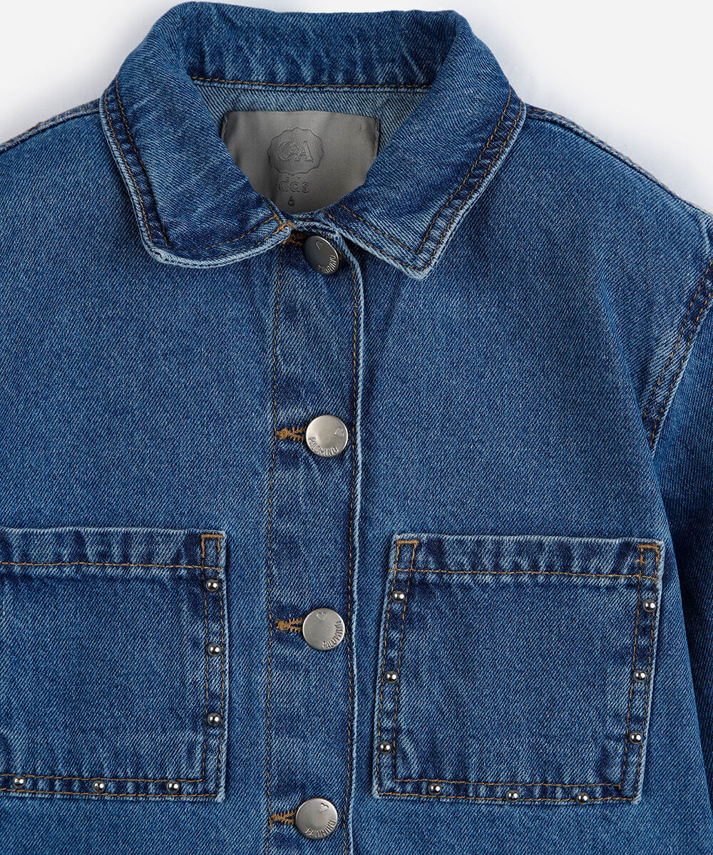 jaqueta infantil jeans com bolsos e tachas azul