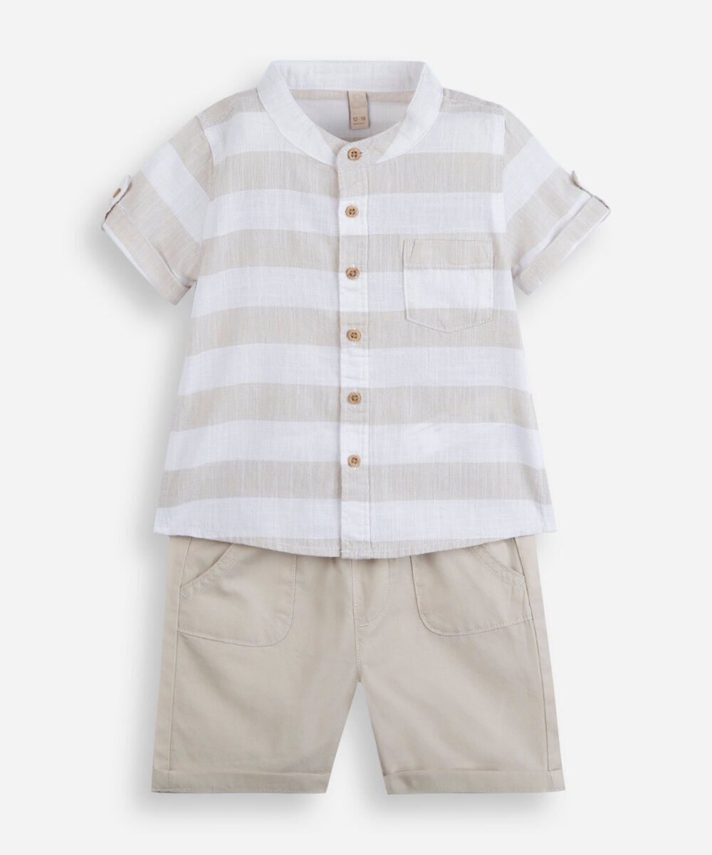 conjunto curto infantil de algodão listrado bege