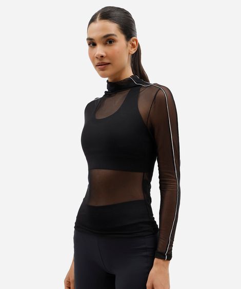 blusa esportiva feminina de tule manga longa com nervuras preta