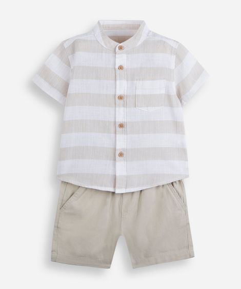 conjunto curto infantil de algodão listrado bege