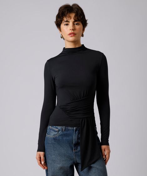 blusa feminina manga longa franzida mindset preta