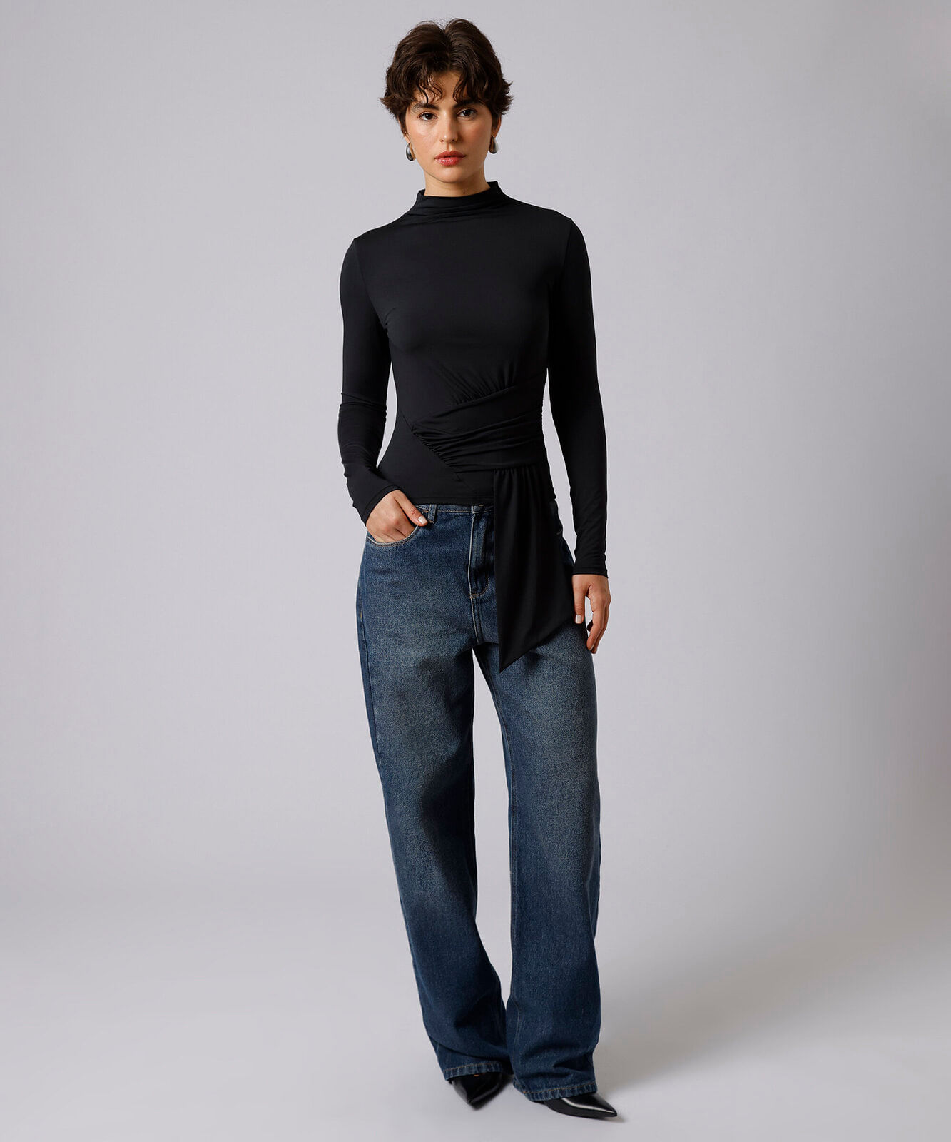 blusa feminina manga longa franzida mindset preta