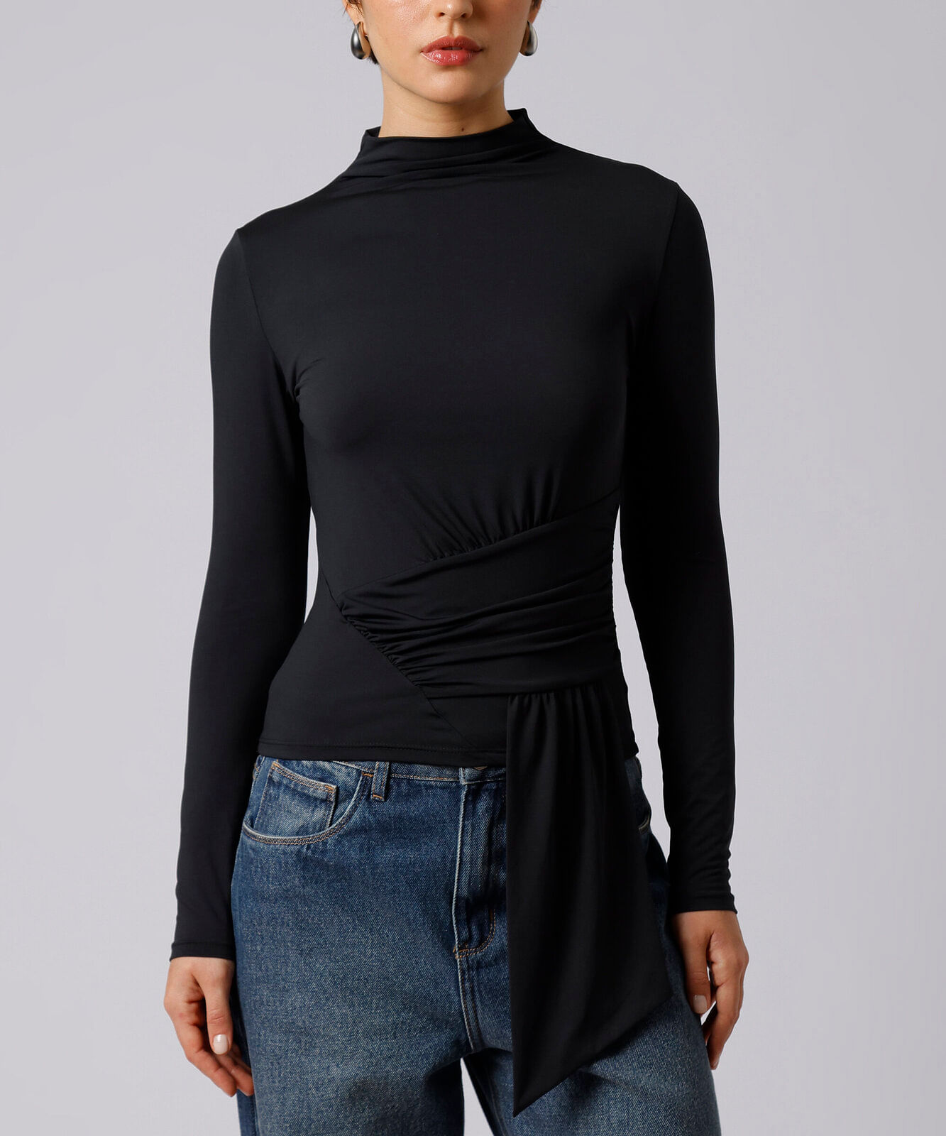 blusa feminina manga longa franzida mindset preta