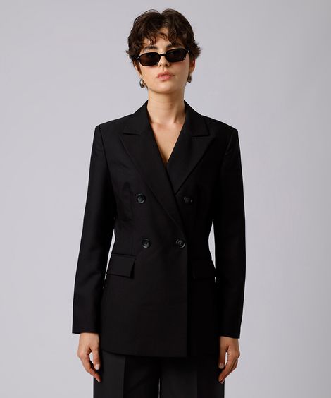 blazer acinturado de alfaiataria transpassado mindset preto