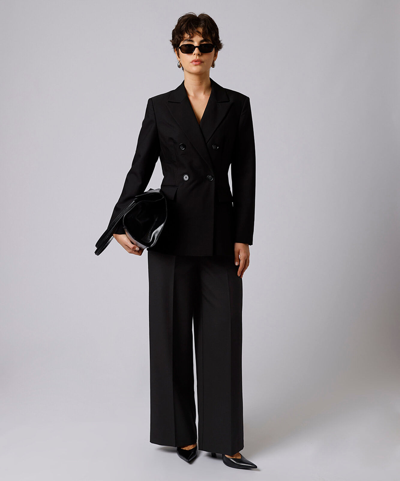 blazer acinturado de alfaiataria transpassado mindset preto