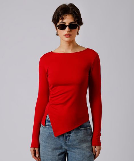 blusa feminina com viscose e fenda franzida mindset vermelha