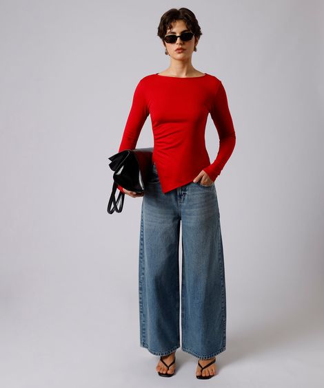 calça jeans wide leg cropped mindset em denim azul