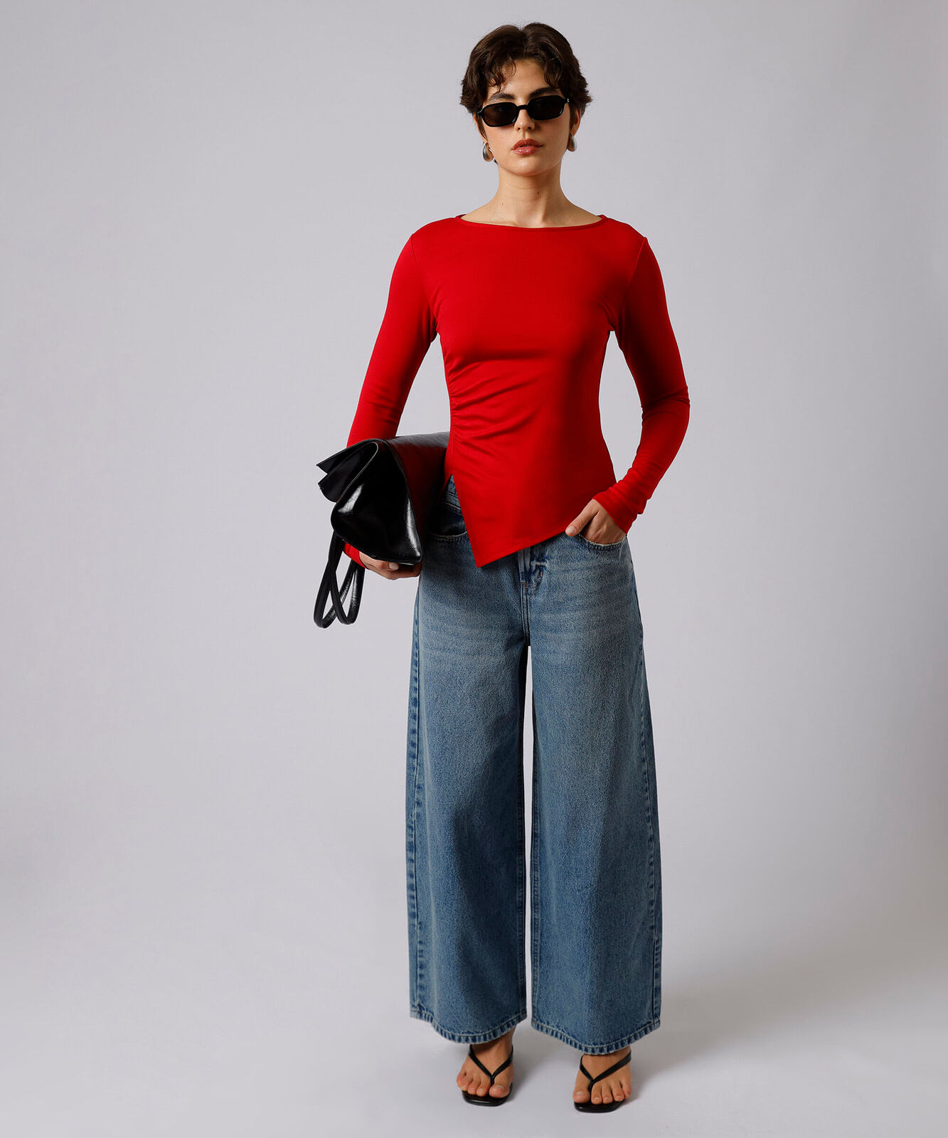 calça jeans wide leg cropped mindset em denim azul