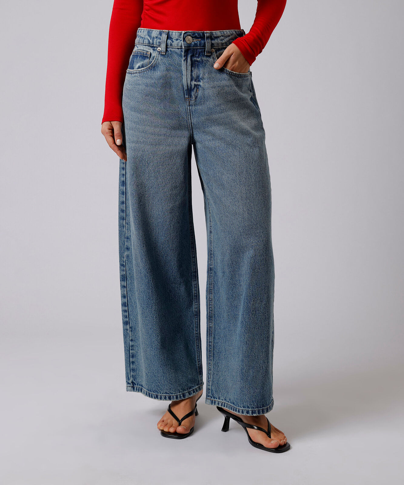 calça jeans wide leg cropped mindset em denim azul