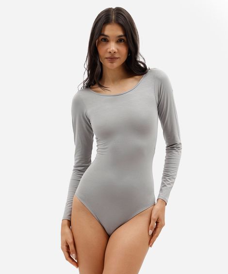 body feminino de modal decote canoa manga longa cinza