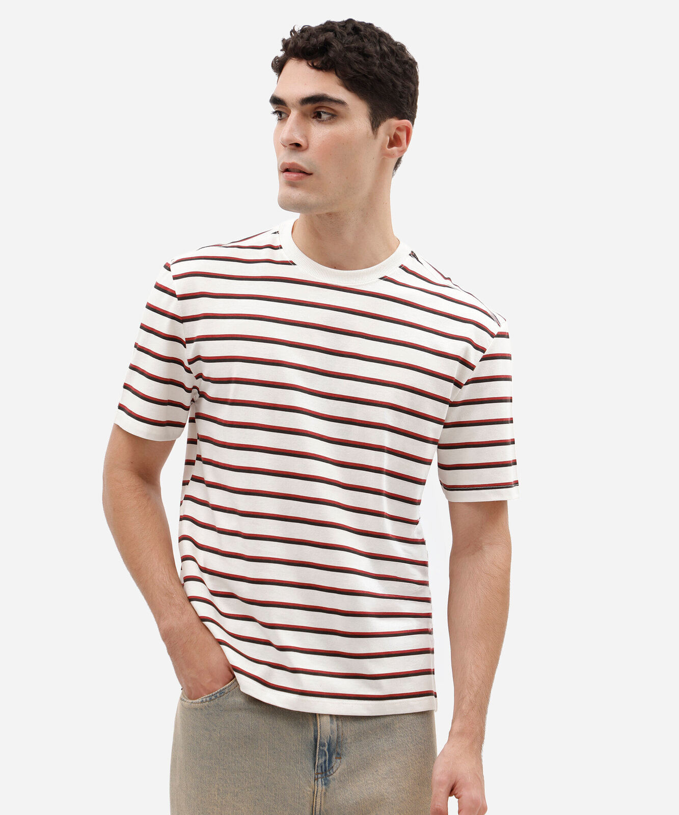 camiseta masculina de algodão manga curta listrada off white