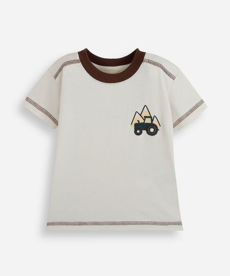 camiseta infantil gola contraste trator bege