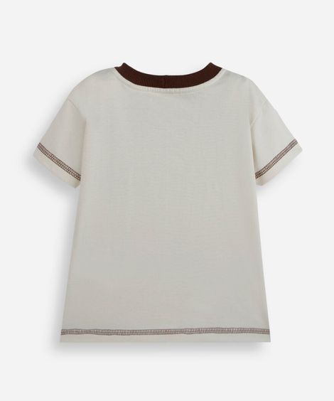 camiseta infantil gola contraste trator bege